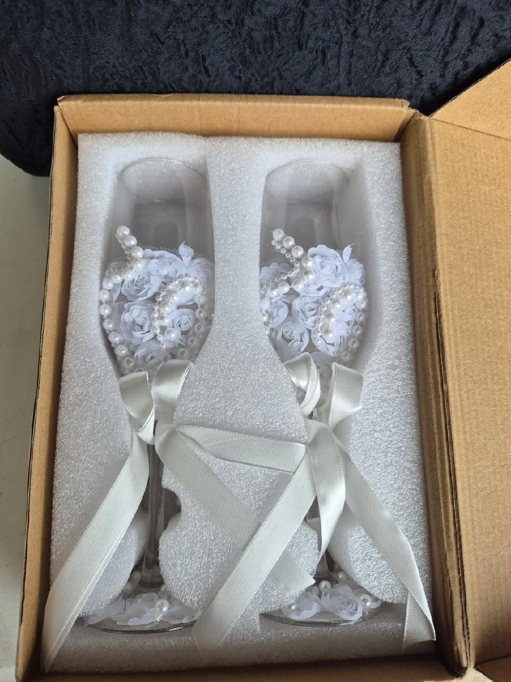 White Pearl & Ribbon Bridal Champagne Flutes - Set of 2